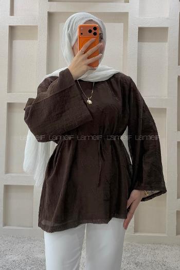 Lamelif Nakış İşlemeli Forties Gömlek Acı Kahve