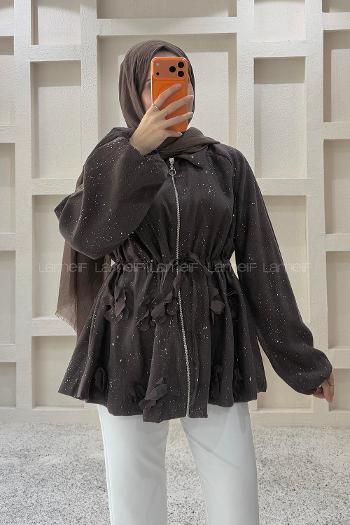 Lamelif Simli Papatya Detaylı Ceket Acı Kahve