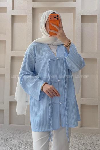 Lamelif V Yaka Süslü Düğmeli Tunik Mavi