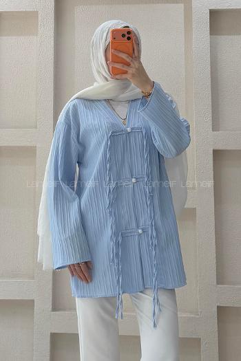 Lamelif V Yaka Süslü Düğmeli Tunik Mavi
