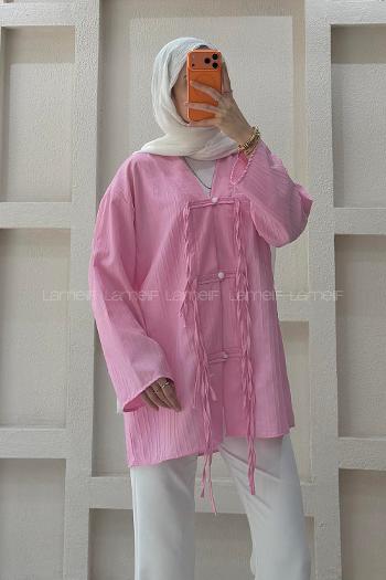 Lamelif V Yaka Süslü Düğmeli Tunik Pembe
