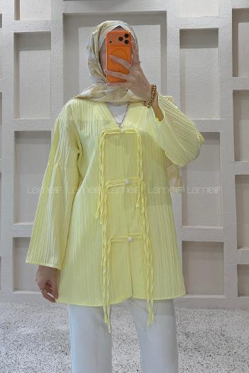 Lamelif V Yaka Süslü Düğmeli Tunik Sarı