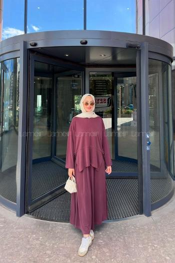 Lamelif Yırtmaç Detaylı Oysho Pike Etekli Takım Bordo