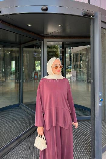Lamelif Yırtmaç Detaylı Oysho Pike Etekli Takım Bordo