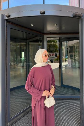 Lamelif Yırtmaç Detaylı Oysho Pike Etekli Takım Bordo