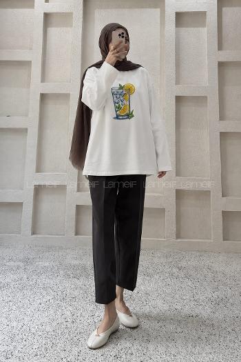 Lamelif Basic Oversize Limon Baskılı Bluz Beyaz
