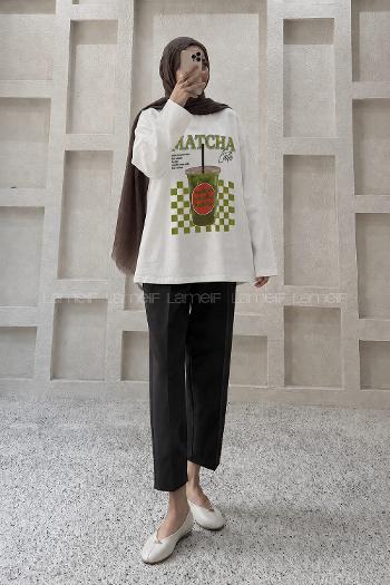 Lamelif Basic Oversize Matcha Baskılı Bluz Beyaz