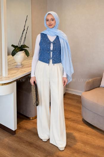 Lamelif Zımba Detaylı Kot Yelek Kot Mavisi