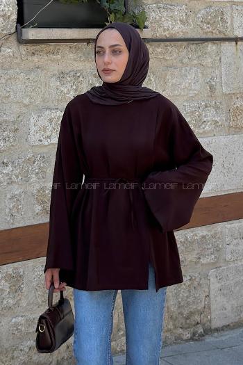 Lamelif Bisiklet Yaka Geniş Kol Tunik Acı Kahve