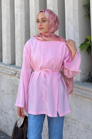Lamelif Bisiklet Yaka Geniş Kol Tunik Pembe