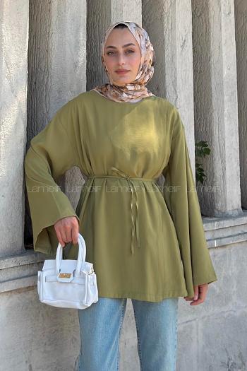 Lamelif Bisiklet Yaka Geniş Kol Tunik Yağ Yeşili