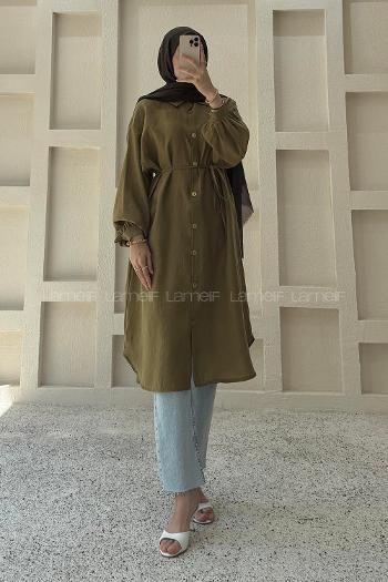 Lamelif Boydan Düğmeli Tunik Yağ Yeşili