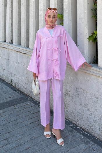 Lamelif Hakim Yaka Bağcıklı İkili Takım Pembe