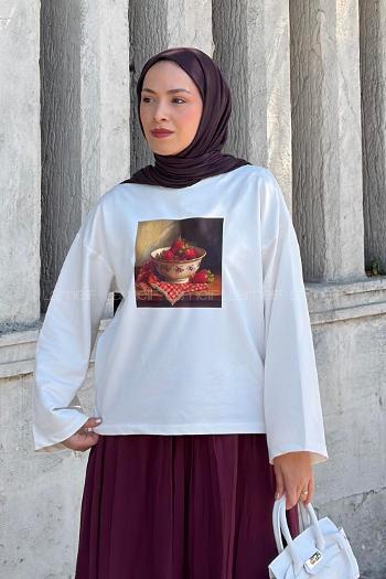 Lamelif Basic Oversize Çilek Baskılı Bluz Beyaz