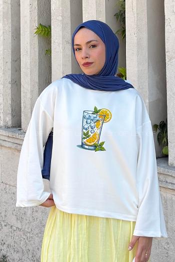 Lamelif Basic Oversize Limon Baskılı Bluz Beyaz