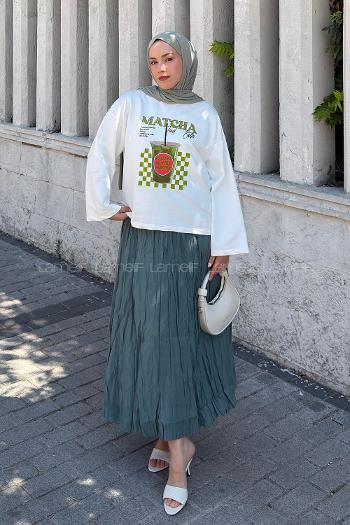 Lamelif Basic Oversize Matcha Baskılı Bluz Beyaz