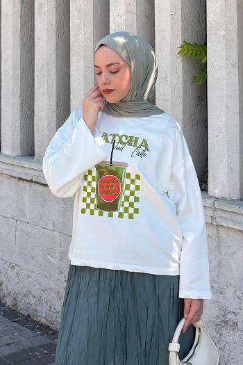 Lamelif Basic Oversize Matcha Baskılı Bluz Beyaz
