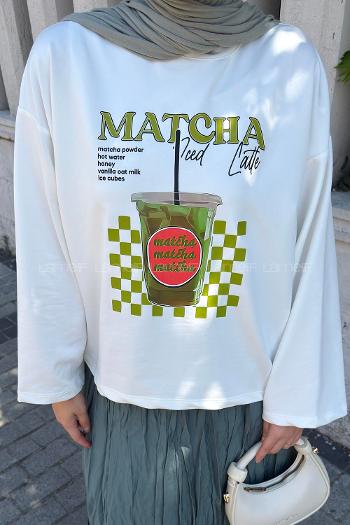 Lamelif Basic Oversize Matcha Baskılı Bluz Beyaz