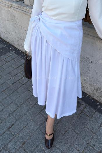 Lamelif Bel Şal Bağlama Detaylı Etek Beyaz
