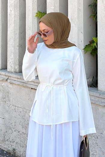 Lamelif Sırt Bağlama Detaylı Tensel Gömlek Beyaz