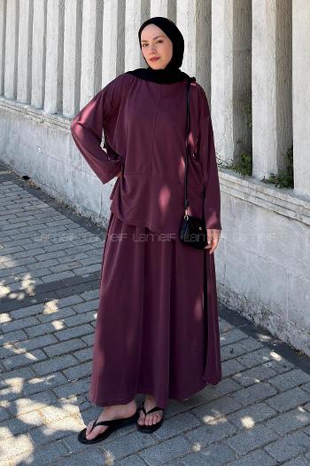 Lamelif Yırtmaç Detaylı Oysho Pike Etekli Takım Bordo