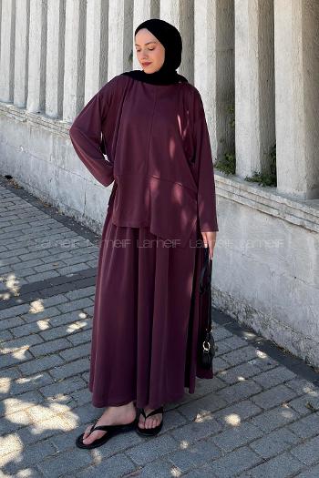 Lamelif Yırtmaç Detaylı Oysho Pike Etekli Takım Bordo