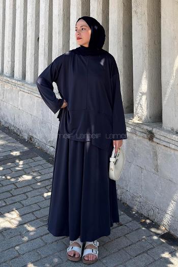 Lamelif Yırtmaç Detaylı Oysho Pike Etekli Takım Lacivert