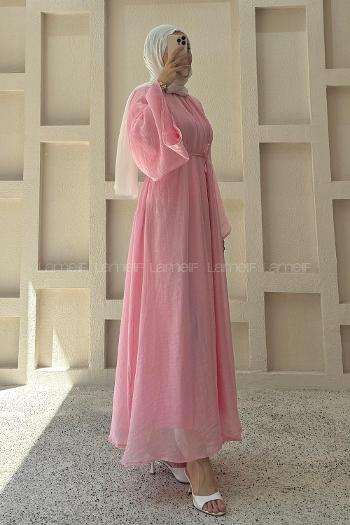 Lamelif Biyeli Tesettür Şifon Elbise Pembe