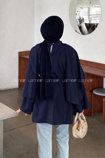 Lamelif Şallı Bağlama Detaylı Tunik Lacivert