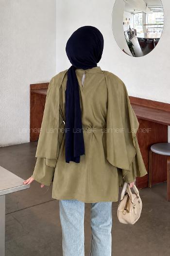 Lamelif Şallı Bağlama Detaylı Tunik Yağ Yeşili