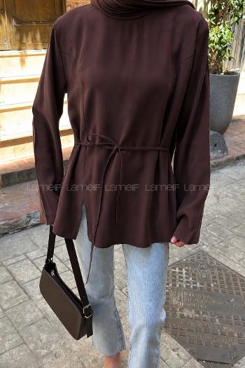 Lamelif Sırt Bağlama Detaylı Tensel Gömlek Acı Kahve