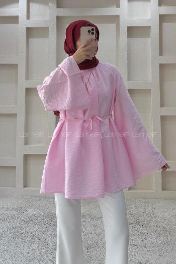 Lamelif Bağlama Detaylı Büzgülü Tunik Pembe