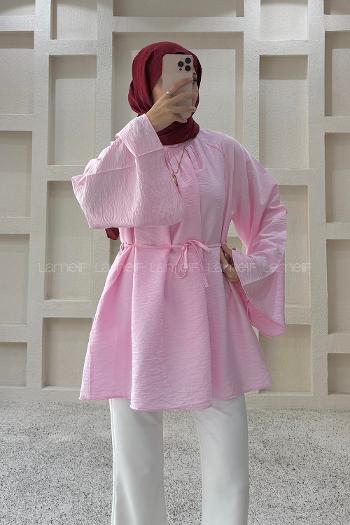 Lamelif Bağlama Detaylı Büzgülü Tunik Pembe