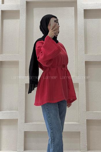 Lamelif Bağlama Detaylı Tül Modal  Tunik Kırmızı