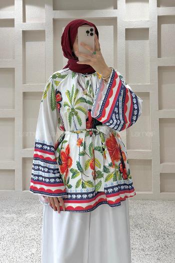 Lamelif Otantik Desenli Tunik Beyaz