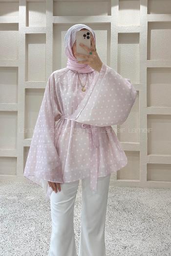 Lamelif Puantiyeli Bağlama Detaylı Tunik Pembe