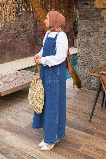 Lamelif Askılı Denim Salopet Elbise Mavi