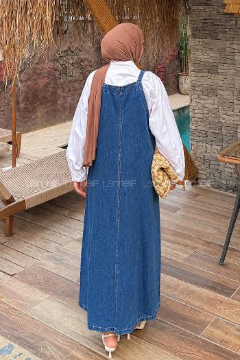 Lamelif Askılı Denim Salopet Elbise Mavi