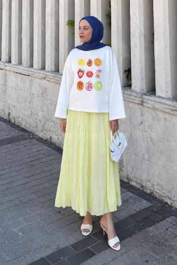 Lamelif Basic Oversize Meyve Baskılı Bluz Beyaz