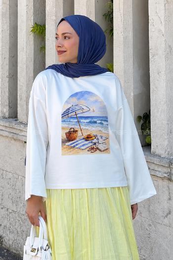 Lamelif Basic Oversize Plaj Baskılı Bluz Beyaz