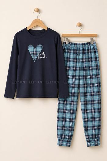 Lamelif Uzun Kollu Ekose Desen Pijama Takımı Kadın Lacivert
