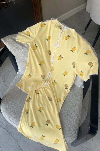Lamelif Kadın Limon Desenli Fiyonk Özel Dikiş Pijama Takımı