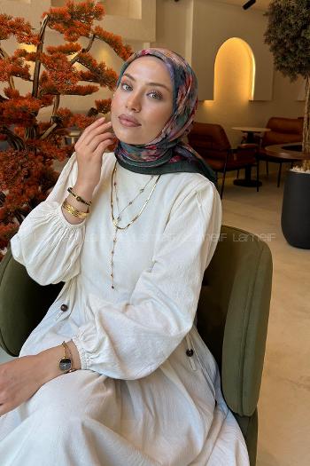 Lamelif Çiçek Desen Bambu Eşarp Zümrüt Yeşili