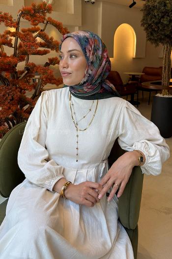 Lamelif Çiçek Desen Bambu Eşarp Zümrüt Yeşili