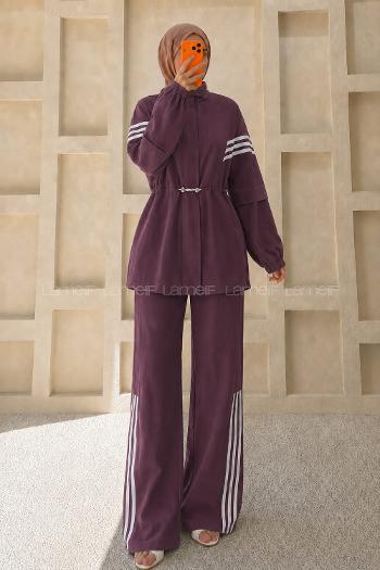 Lamelif Casual Çizgi Detaylı Eşortman Takım Mürdüm