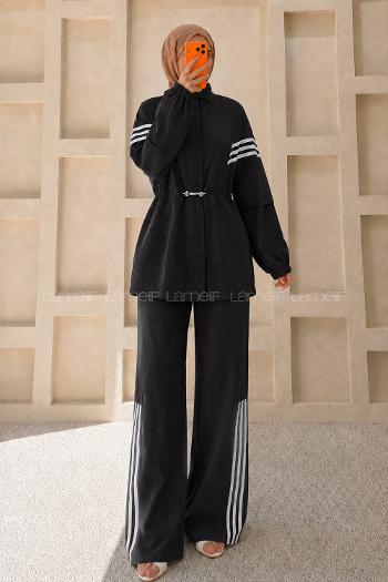 Lamelif Casual Çizgi Detaylı Eşortman Takım Siyah
