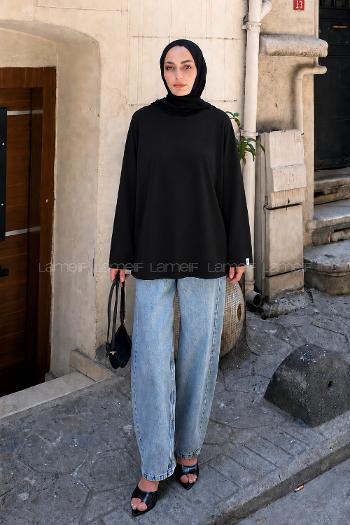 Black Crew Neck Long Arm Without Accessories Unprinted Blouse