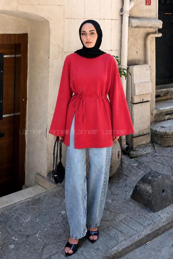 Lamelif Yırtmaç Detaylı Modal Tunik Kırmızı