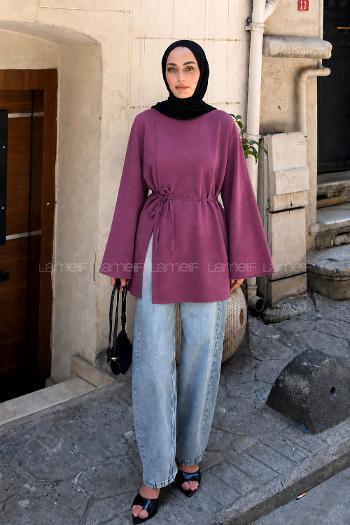 Lamelif Yırtmaç Detaylı Modal Tunik Mürdüm