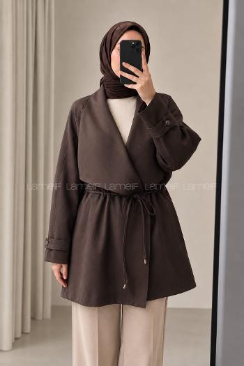 Lamelif Aller Detaylı Oversize Tasarım Kısa Trenç Acı Kahve